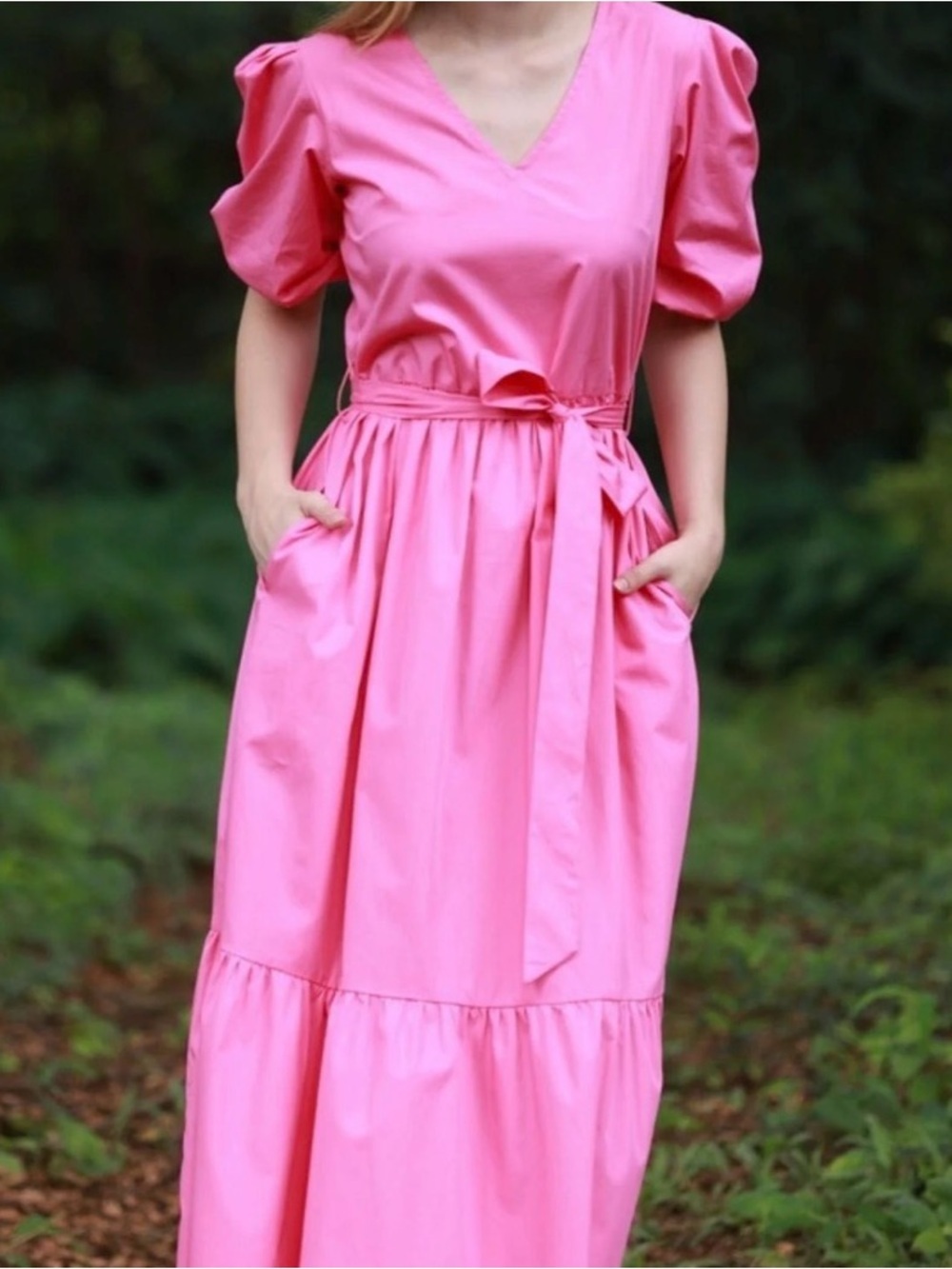 Bright Pink V-Neck Maxi Dress with Puff Sleeves and Tie Waist